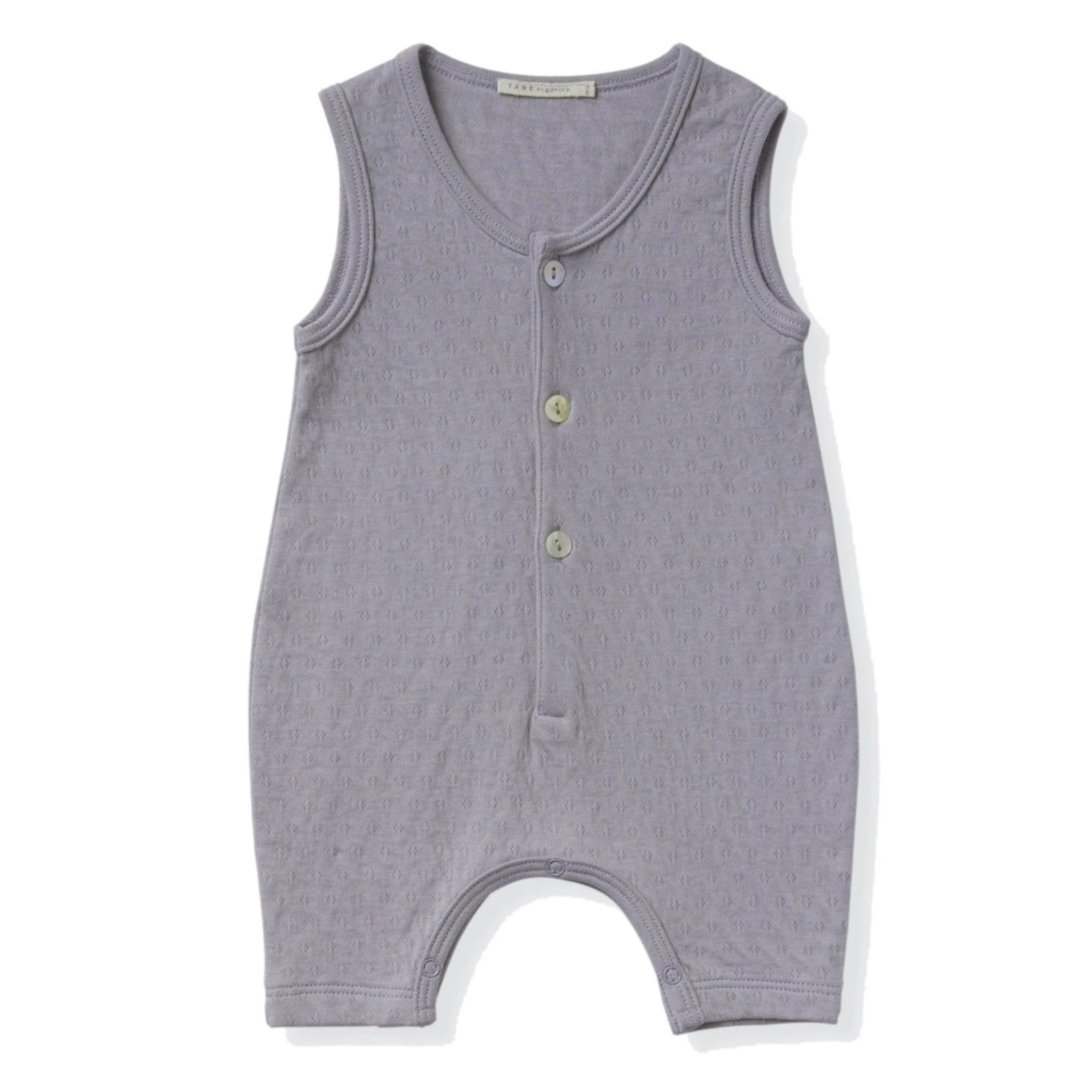 cool grey sleeveless 3 shell buttons henley romper in pointelle ribbed fabric.  100% organic cottton.