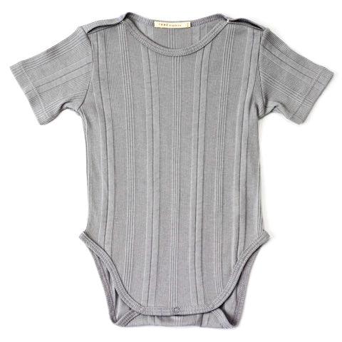 cool grey multi ribbed knit short sleeved crewneck onesie with shoulder snaps.  100% organic cotton ribbed knit.