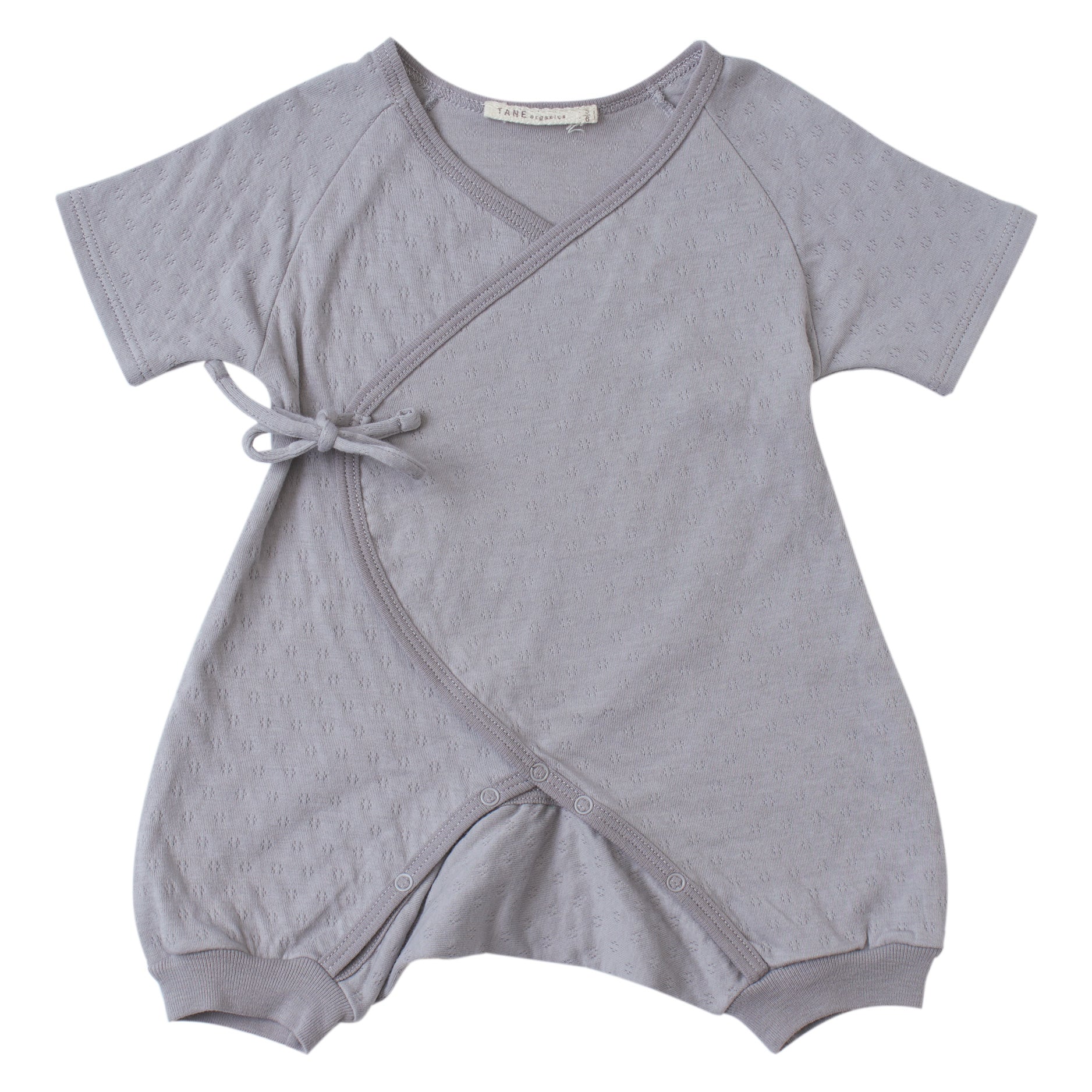 cool grey pointelle short sleeved kimono double front wrap onesie with leggings.  100% organic cotton.