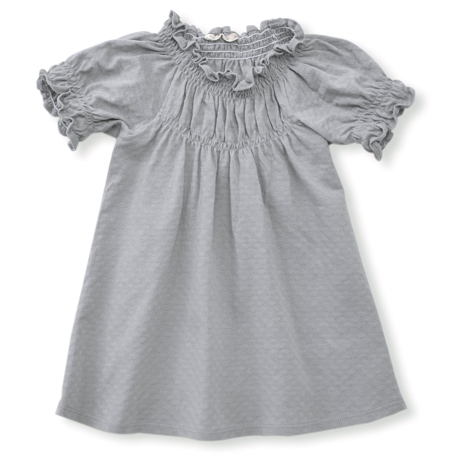 cool grey pointelle short sleeved dress with soft elastic gathering at neckline and cuffs. 100% organic cotton pointelle knit.