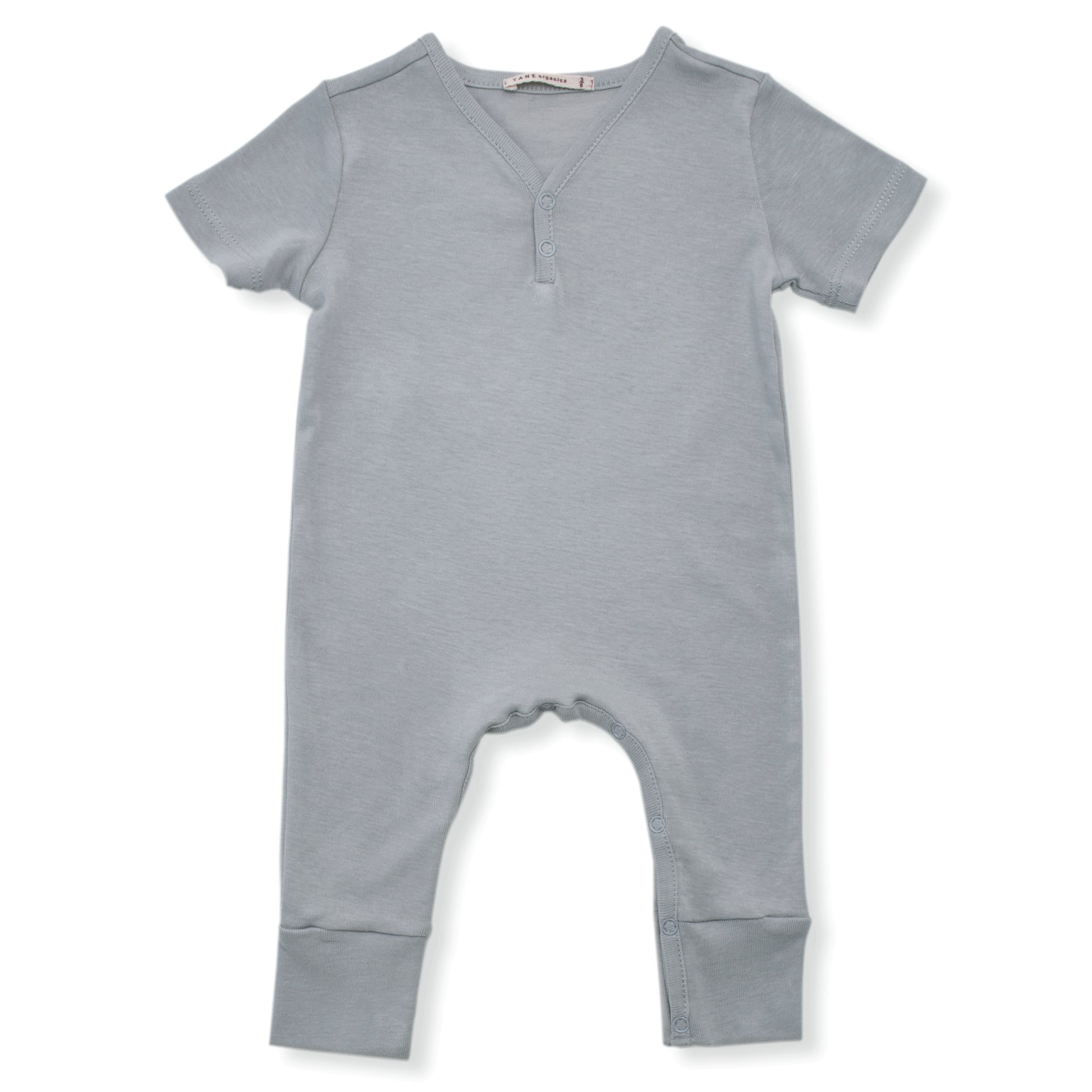 cool grey short sleeved v-neck coverall with 2 buttons and elongated legs.  100% organic pima cotton ribbed knit.