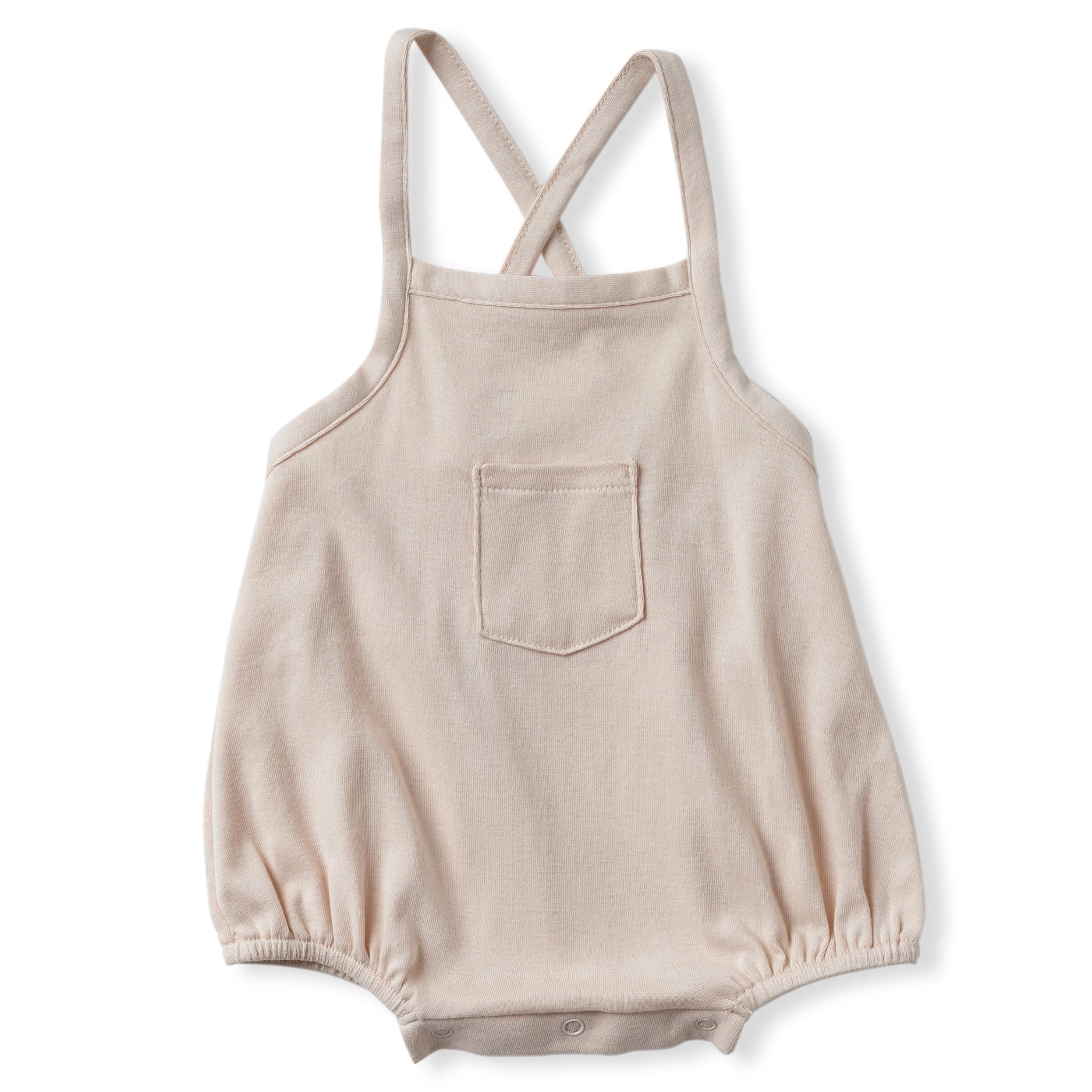 ivory color cross back tank romper with one front pocket and soft encased elastics at leg opening.  100% organic pima cotton ribbed knit.