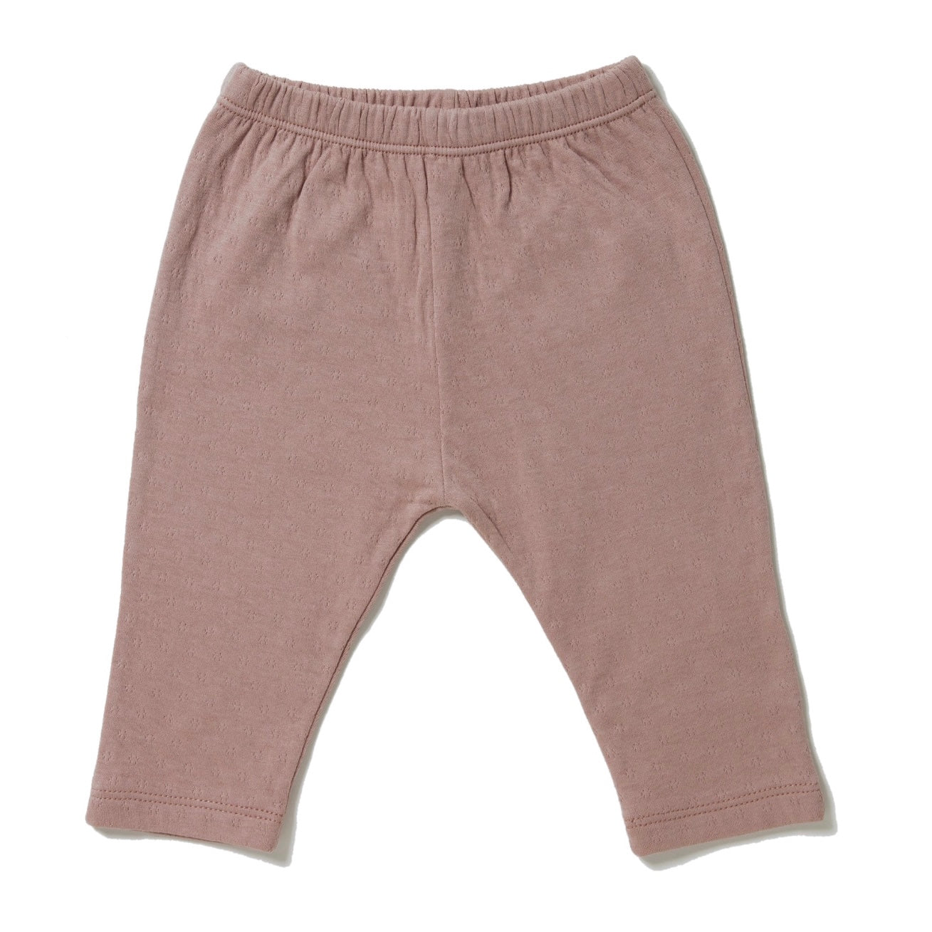 rose color straight leg pointelle ribbed pants with soft encased elastic at waistband.  100% organic cotton.