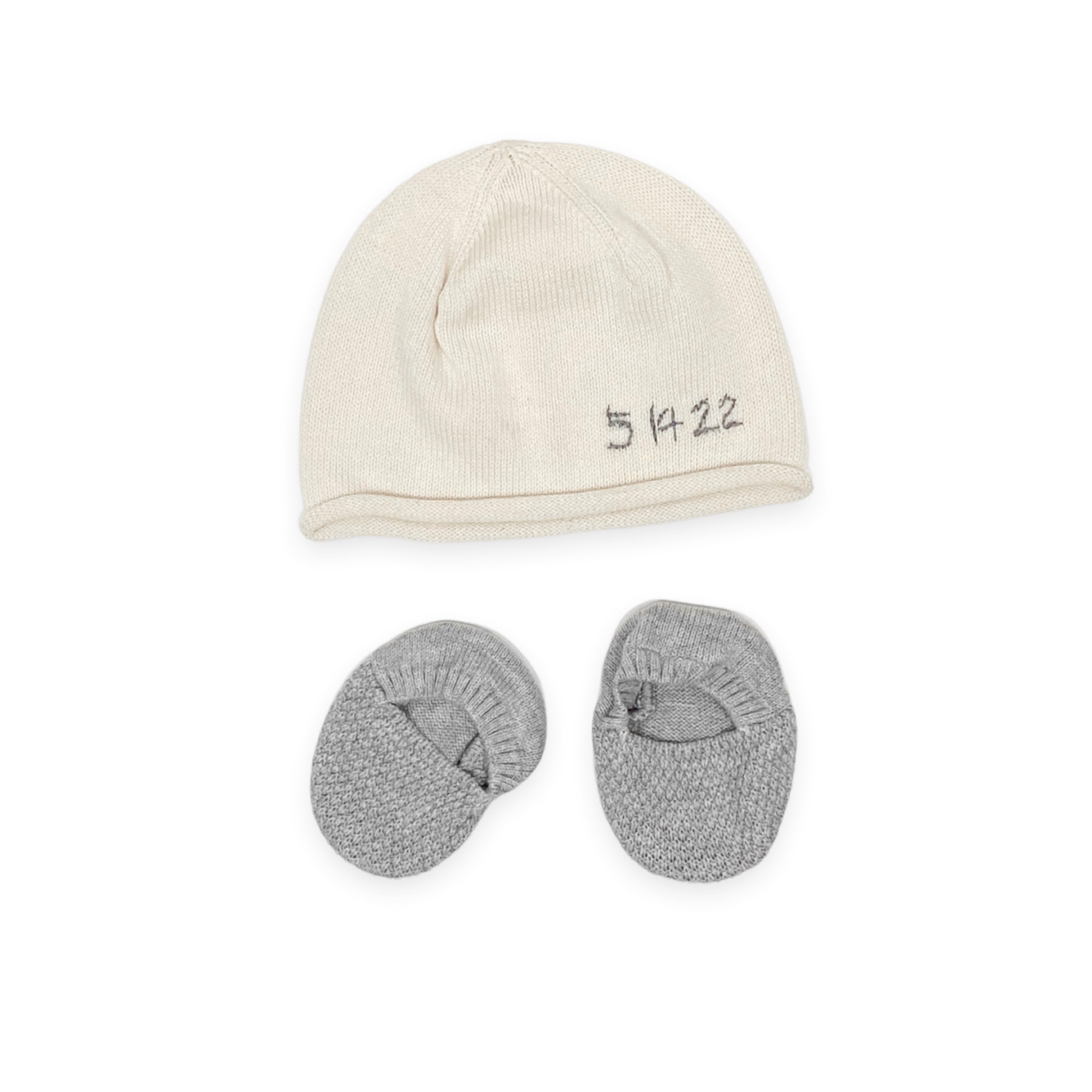 Hand Embroidered Birth Date Sweater Cap + Booties