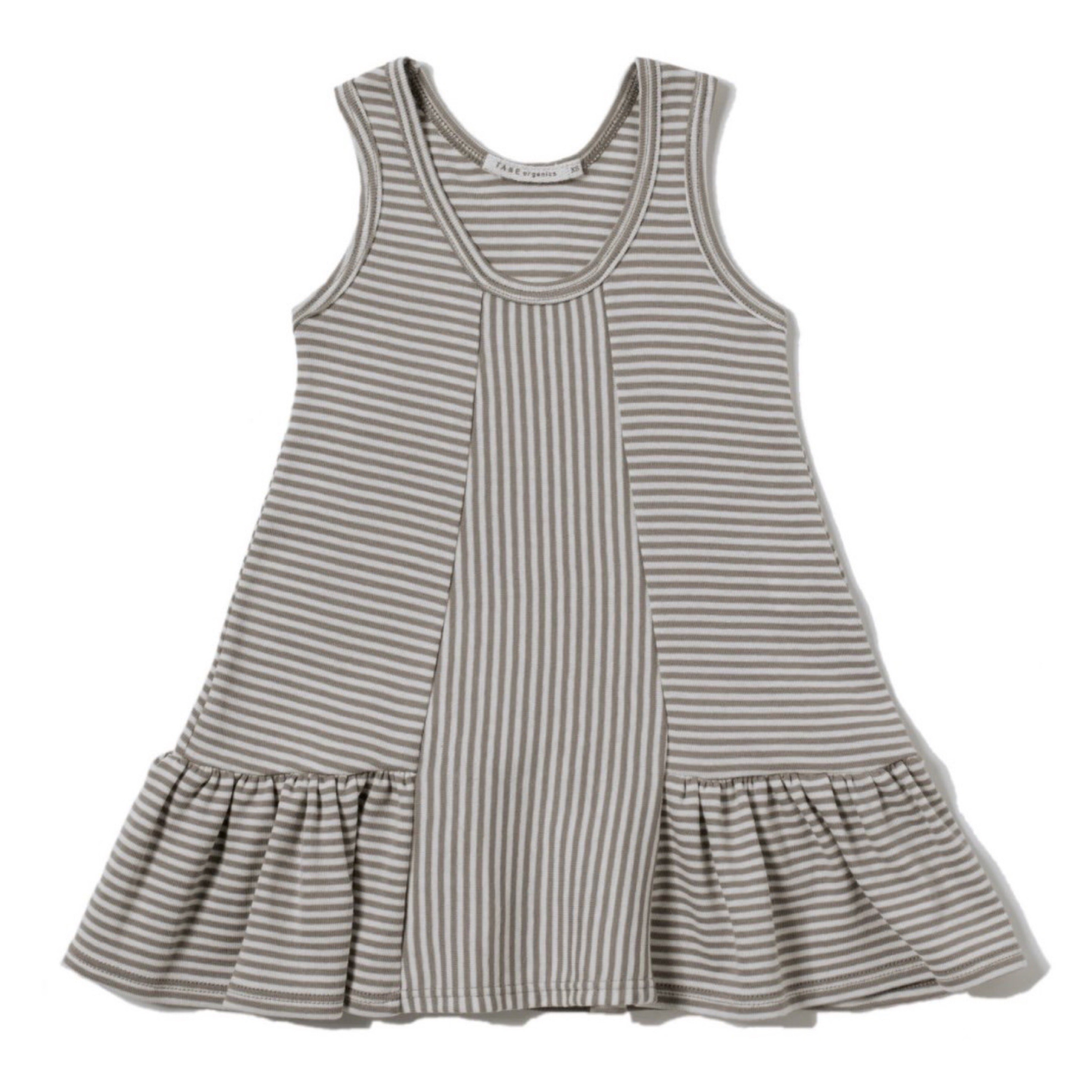 brown and cream color petite stripes sleeveless tank dress with ruffles at hem. Direction play at the center front panel. 100% organic cotton petite stripe knit.