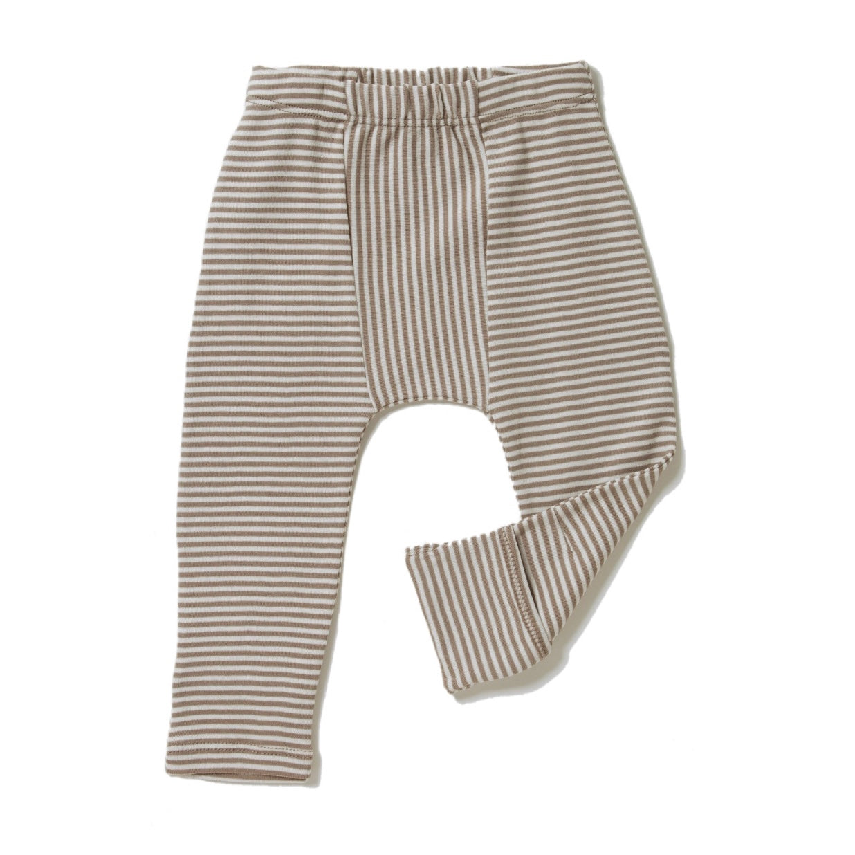 brown and cream color petite stripes leggings with feet covers. Direction play at center. Soft elastic waistband and slim fit. 100% organic cotton petite stripe knit.