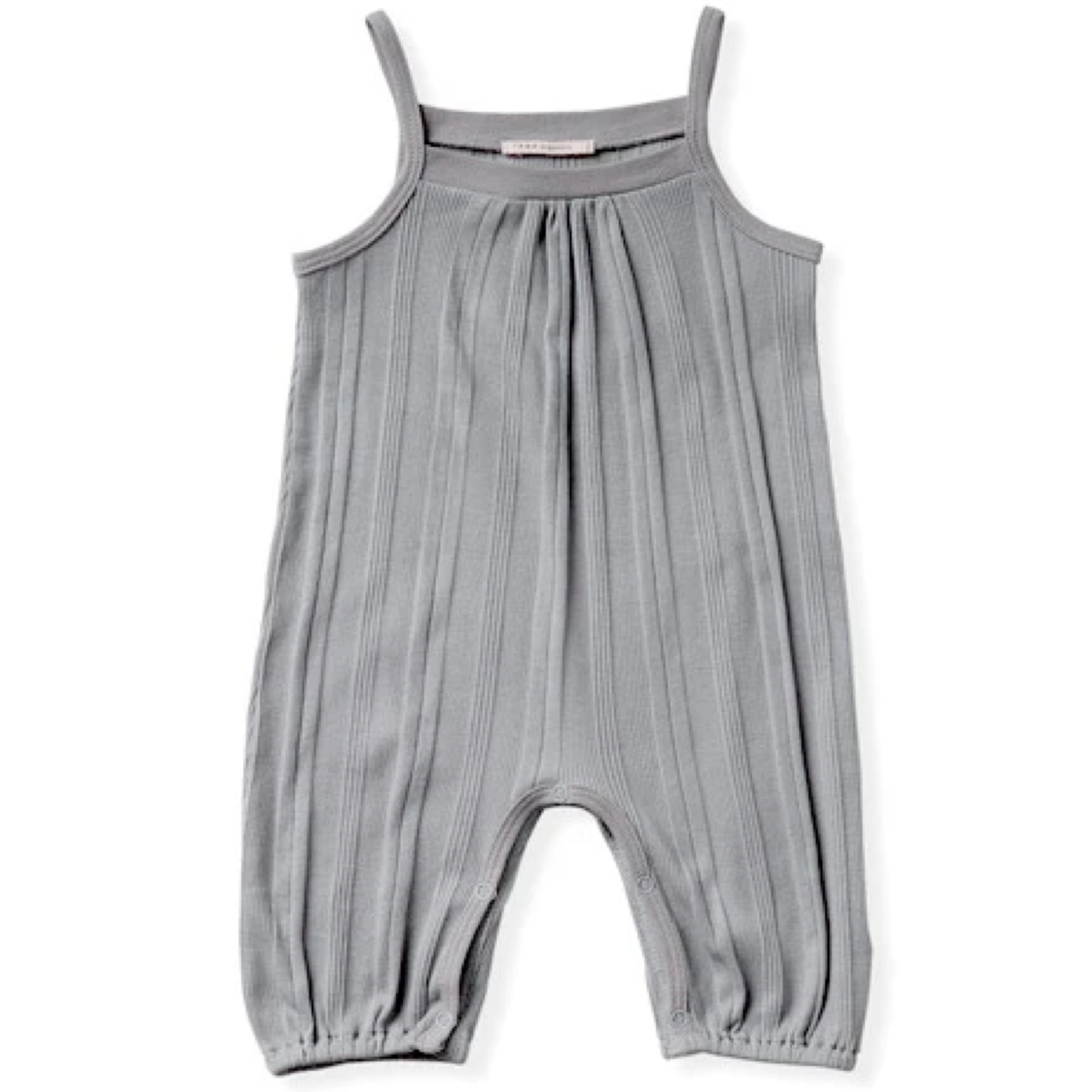 cool grey multi ribbed knit tank romper with elongated legs.  Soft self binding and shirring at neckline. 100% organic cotton ribbed knit.