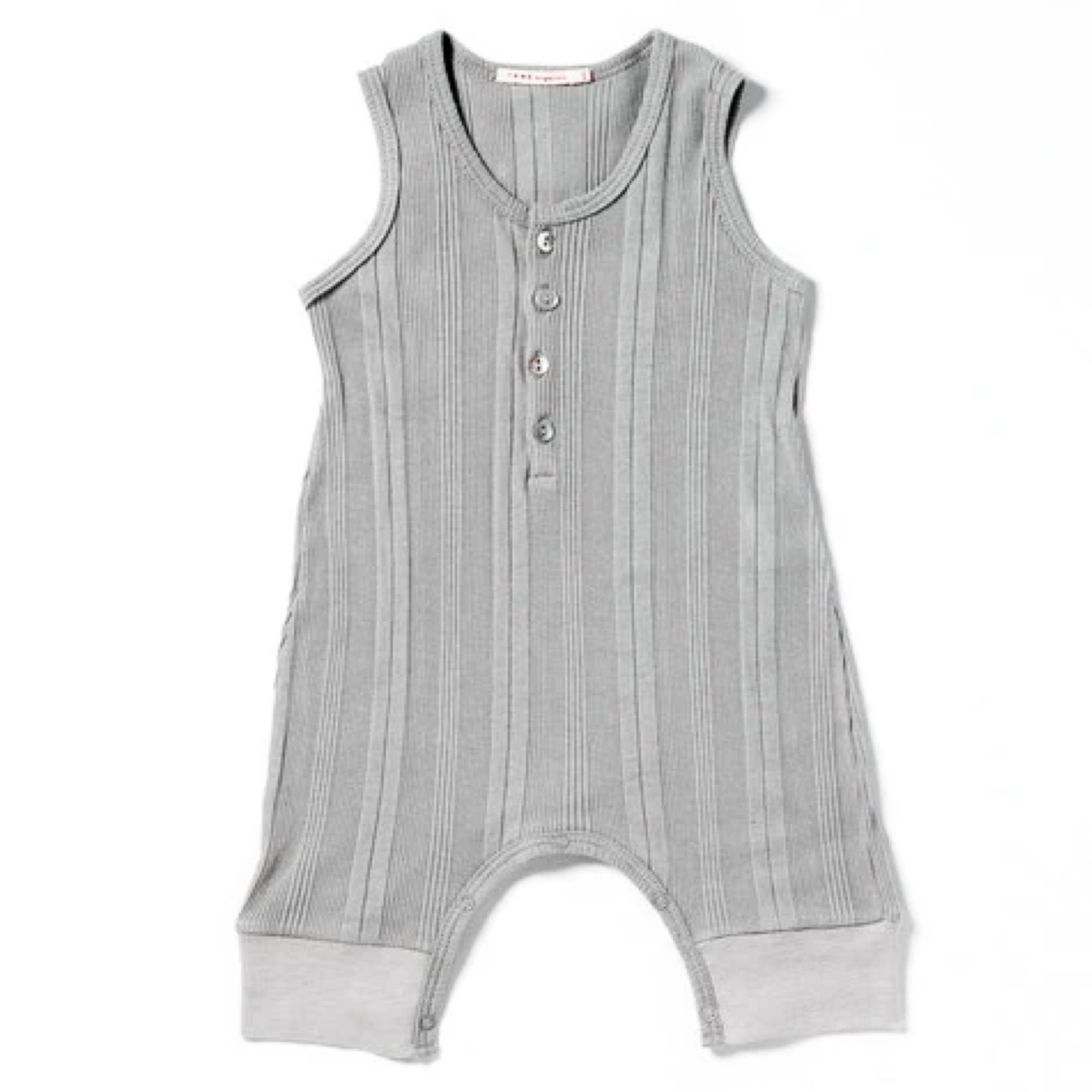 cool grey multi ribbed knit sleeveless henley coverall with 4 natural shell buttons. 100% organic cotton ribbed knit.