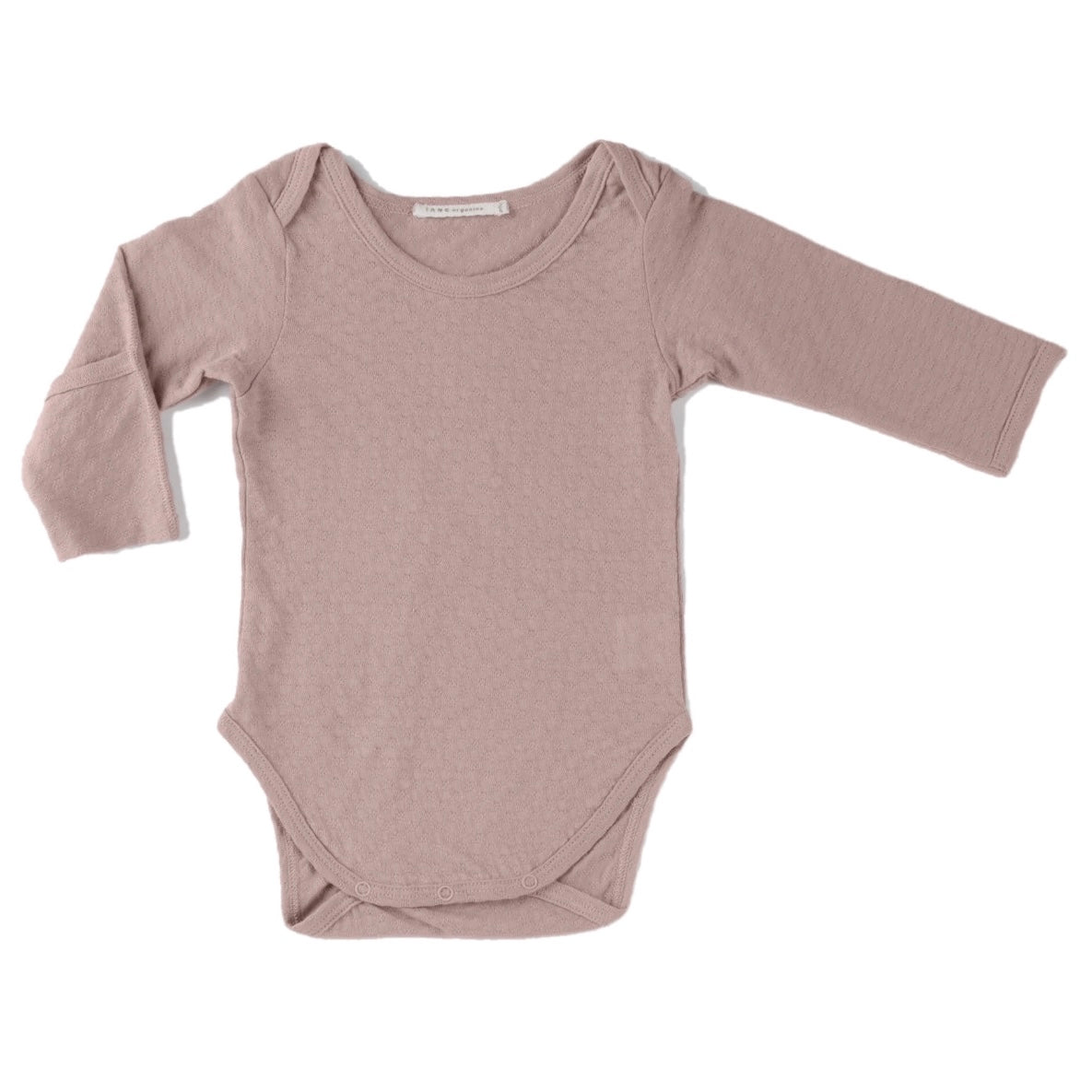 rose color pointelle essential crewneck onesie with handcover.  100% organic cotton.