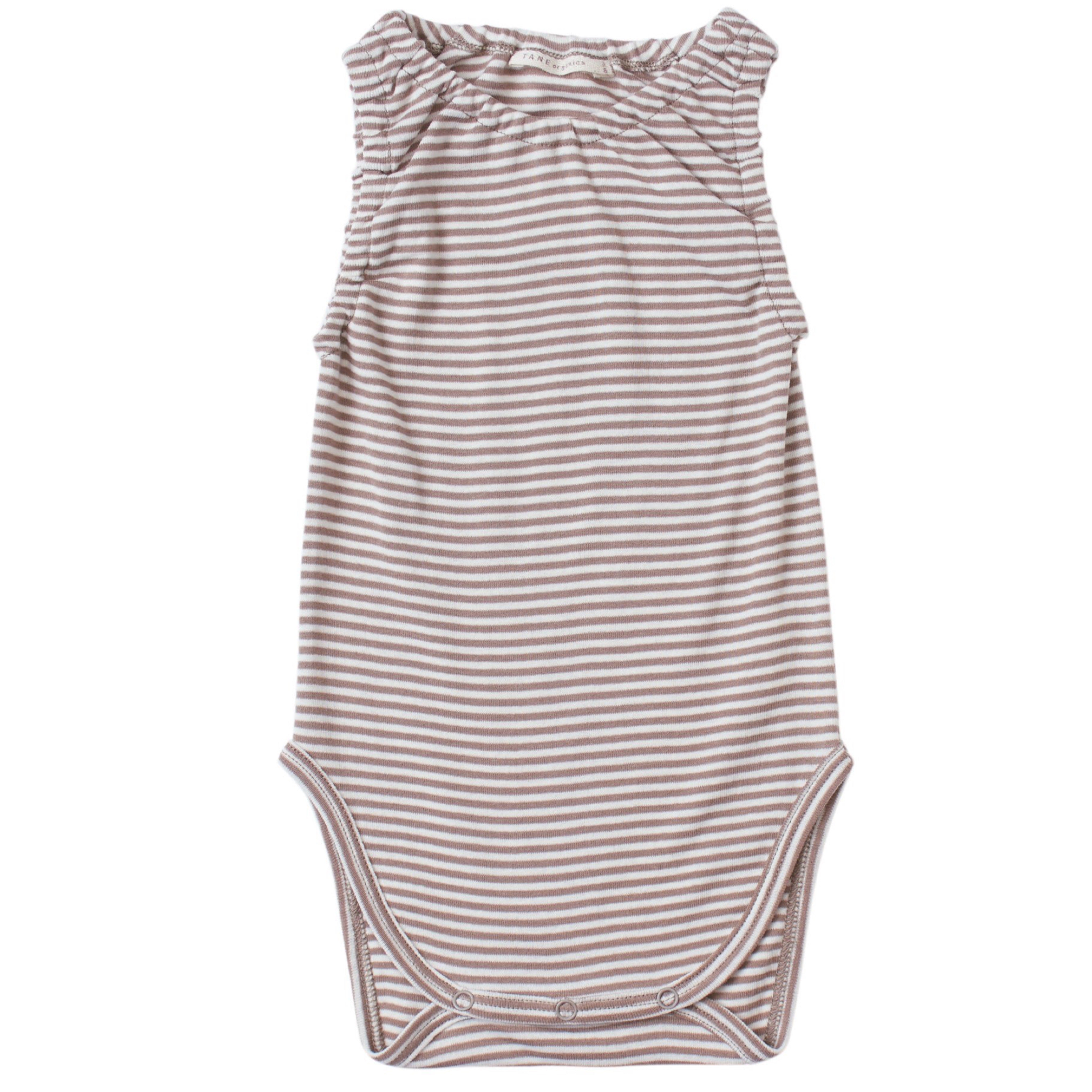 brown and cream color petite stripes on a sleeveless crewneck onesie with soft encased elastics at neck and armhole trim. 100% organic cotton petite stripe knit.