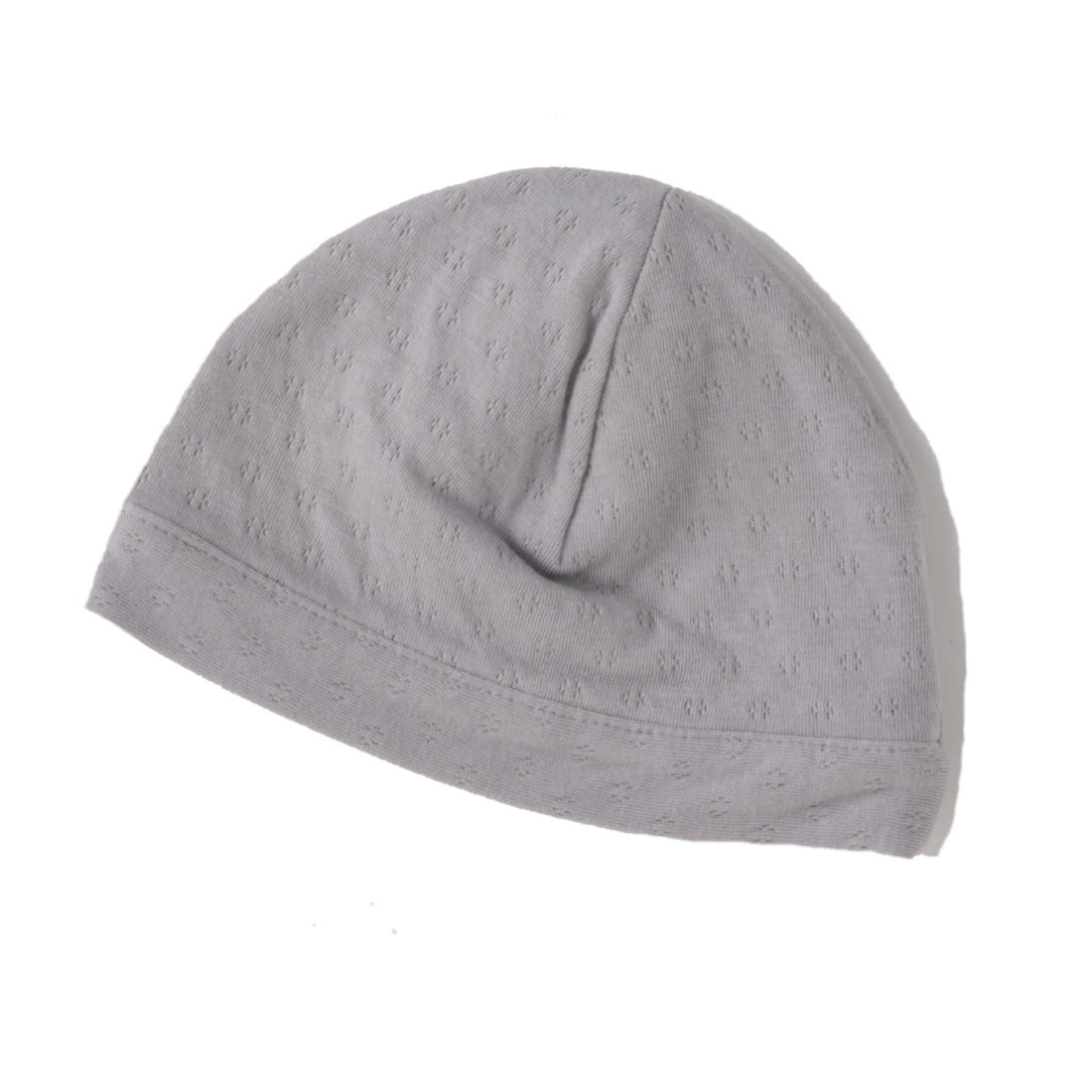cool grey pointelle double layered skull cap for newborn.  100% organic cotton.