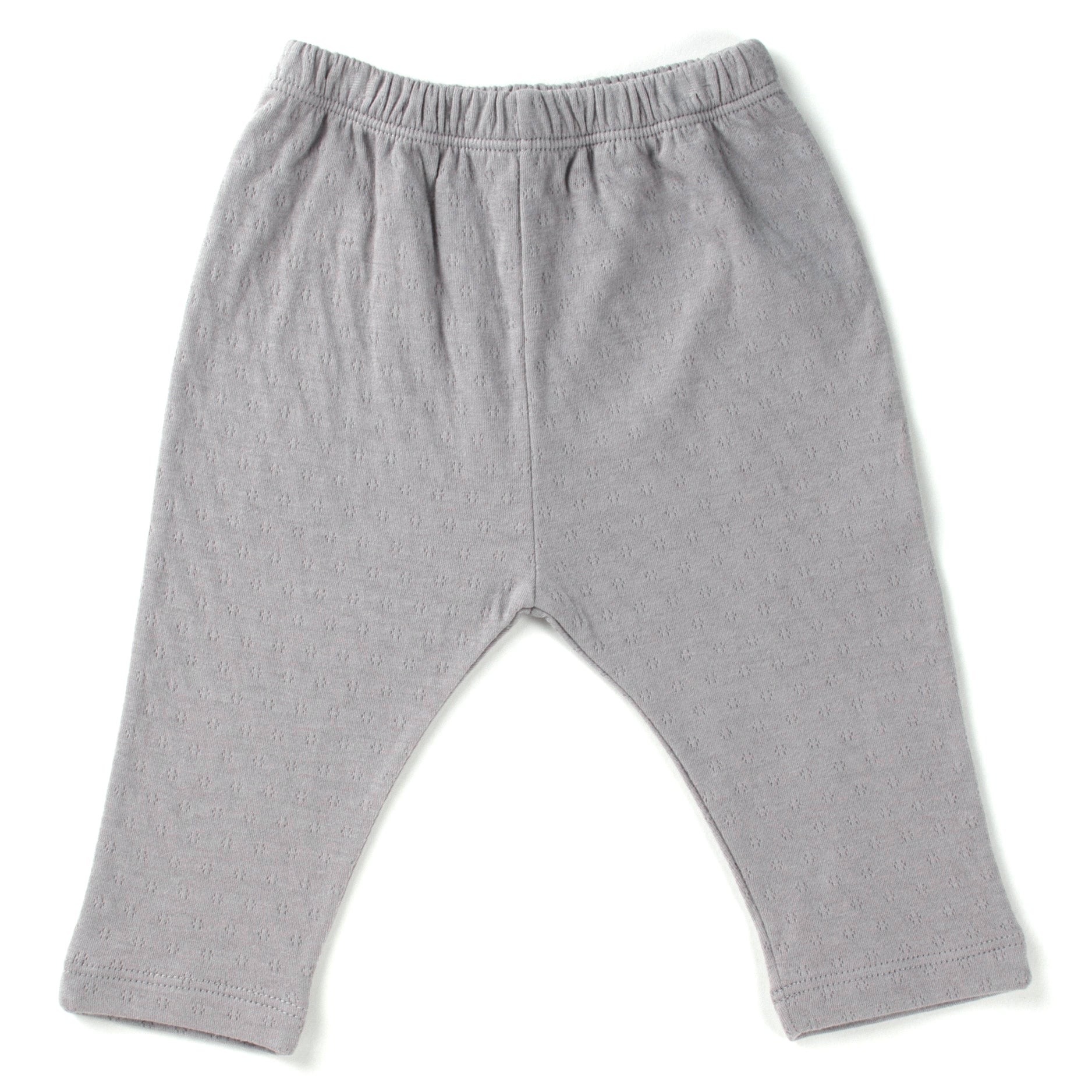 cool grey straight leg pointelle ribbed pants with soft encased elastic at waistband.  100% organic cotton.