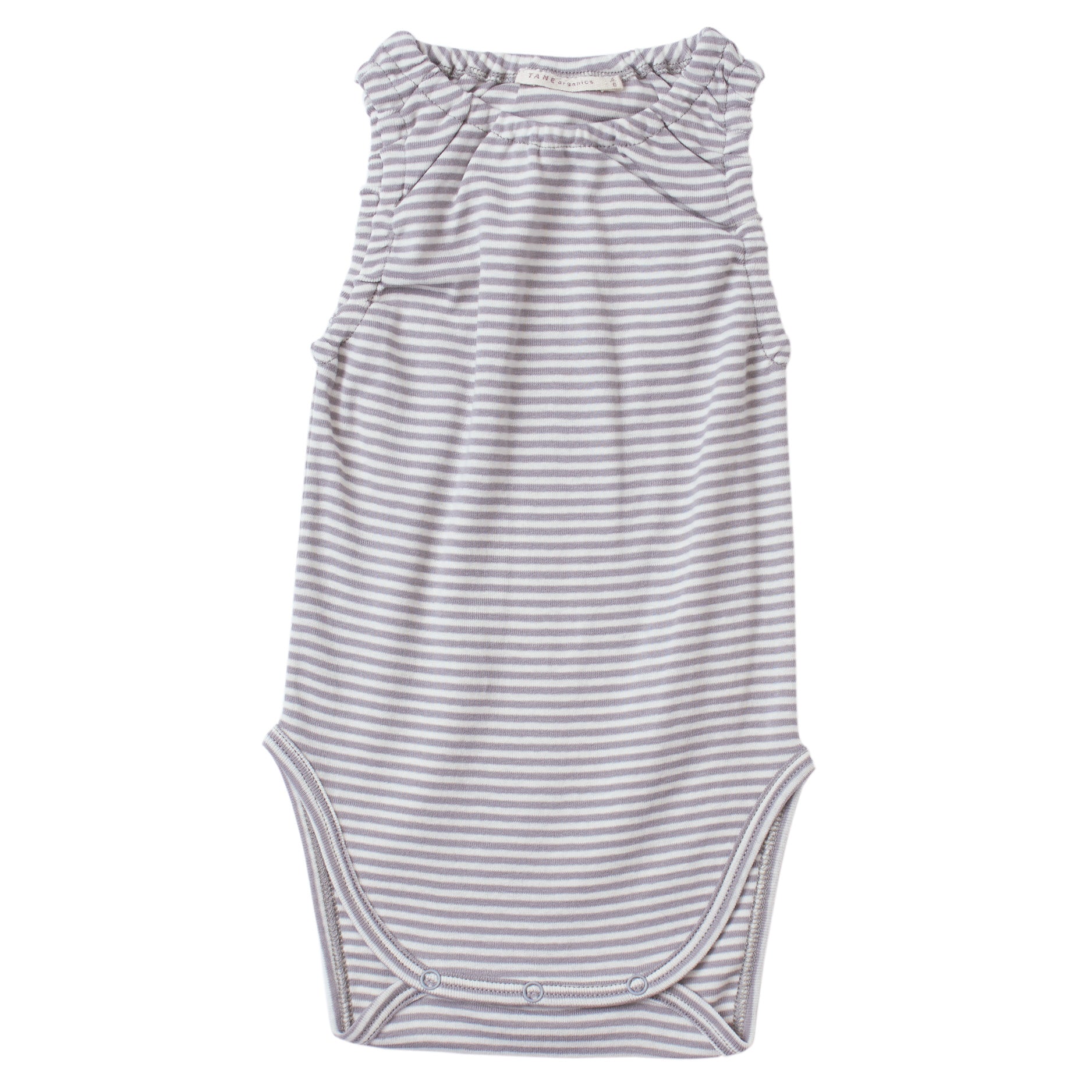 cool grey and cream color petite stripes on a sleeveless crewneck onesie with soft encased elastics at neck and armhole trim.  100% organic cotton petite stripe knit.