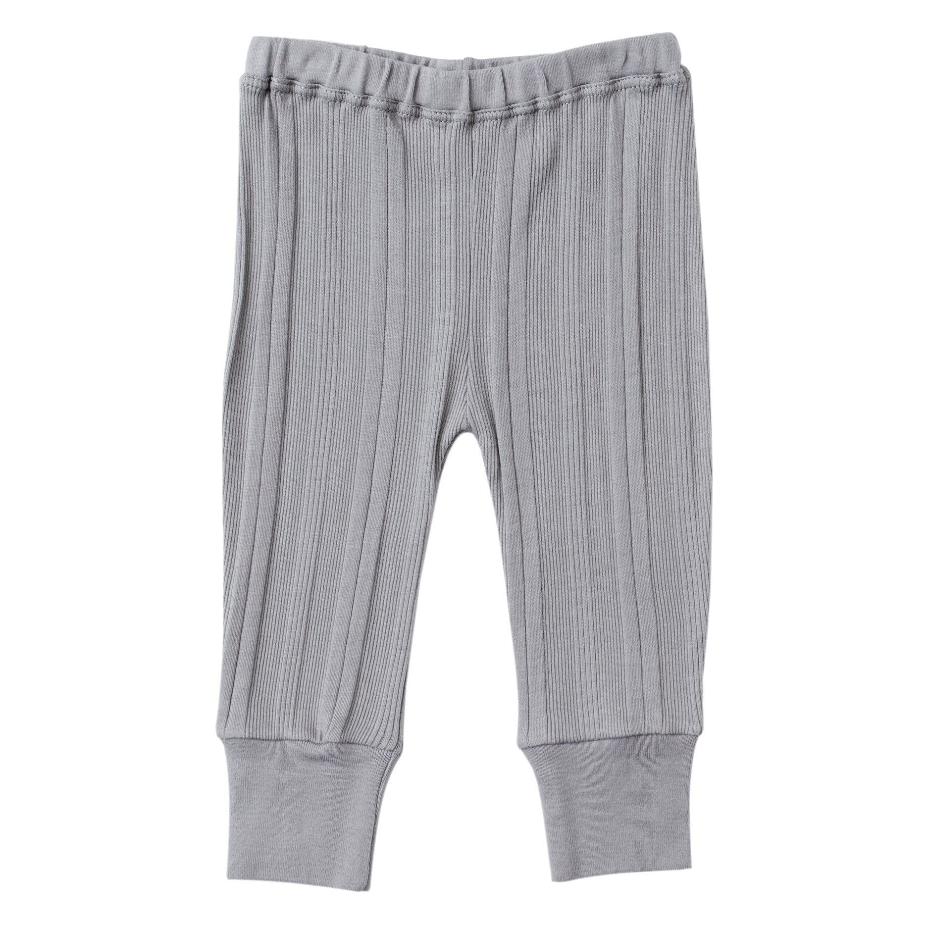 cool grey multi ribbed knit leggings with soft encased elastic at waistband.  100% organic cotton ribbed knit.