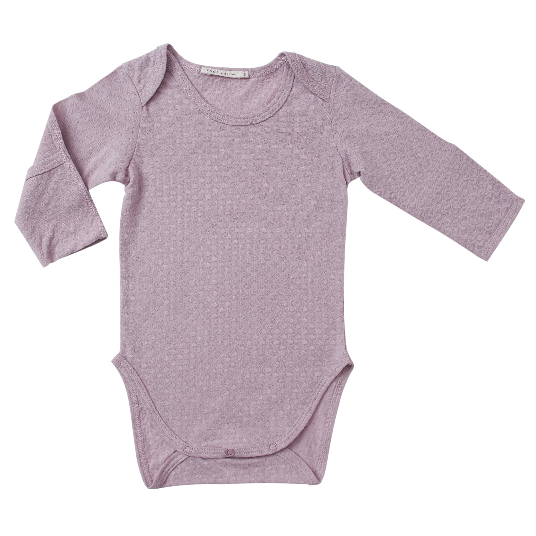 lavender color pointelle essential crewneck onesie with handcover.  100% organic cotton.