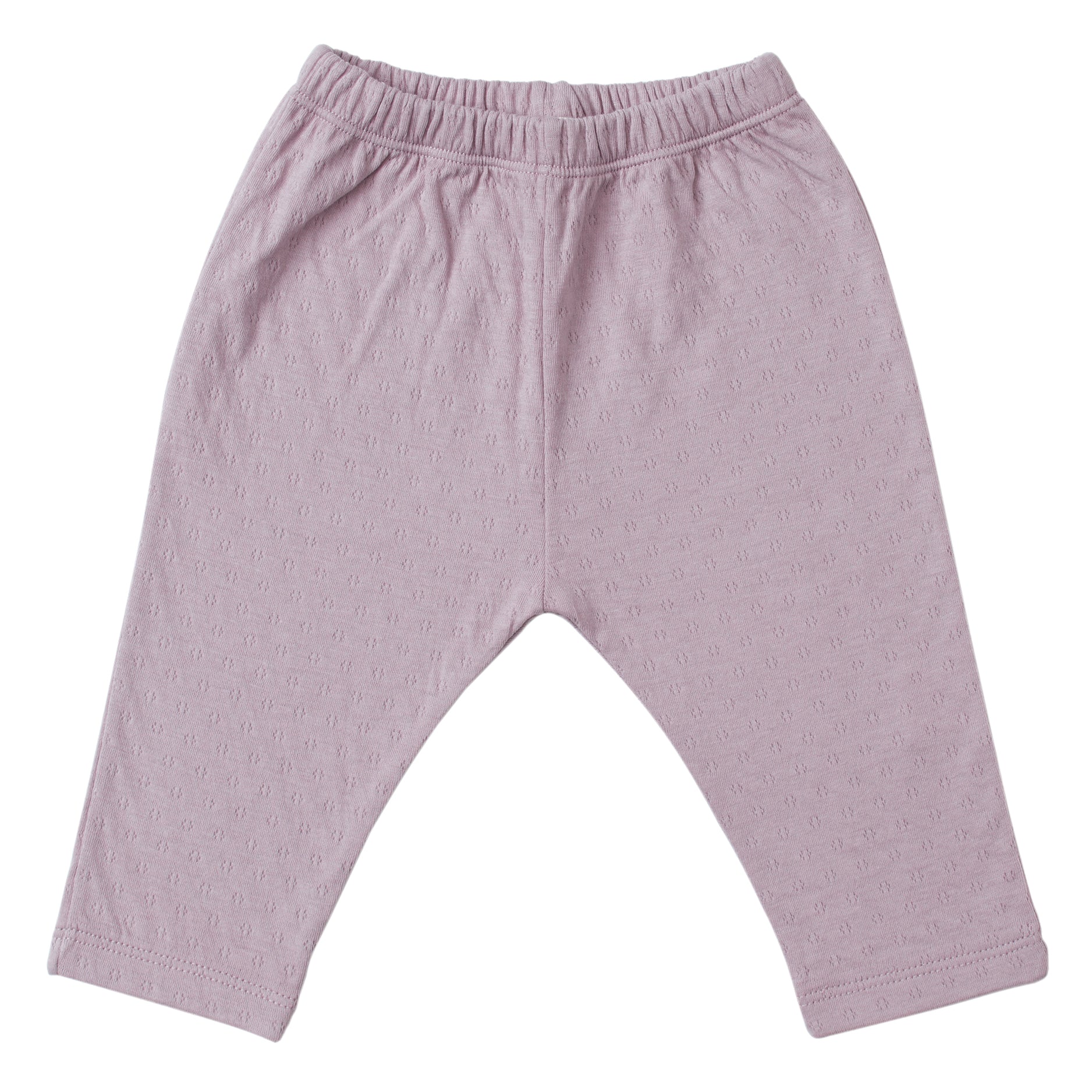 lavender straight leg pointelle ribbed pants with soft encased elastic at waistband.  100% organic cotton.