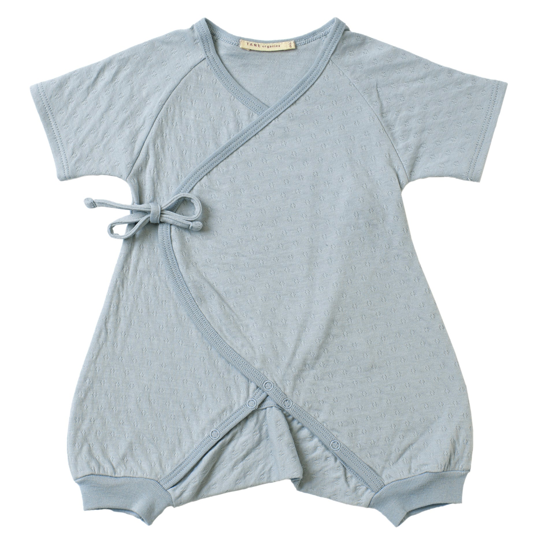 mint color pointelle short sleeved kimono double front wrap onesie with leggings.  100% organic cotton.