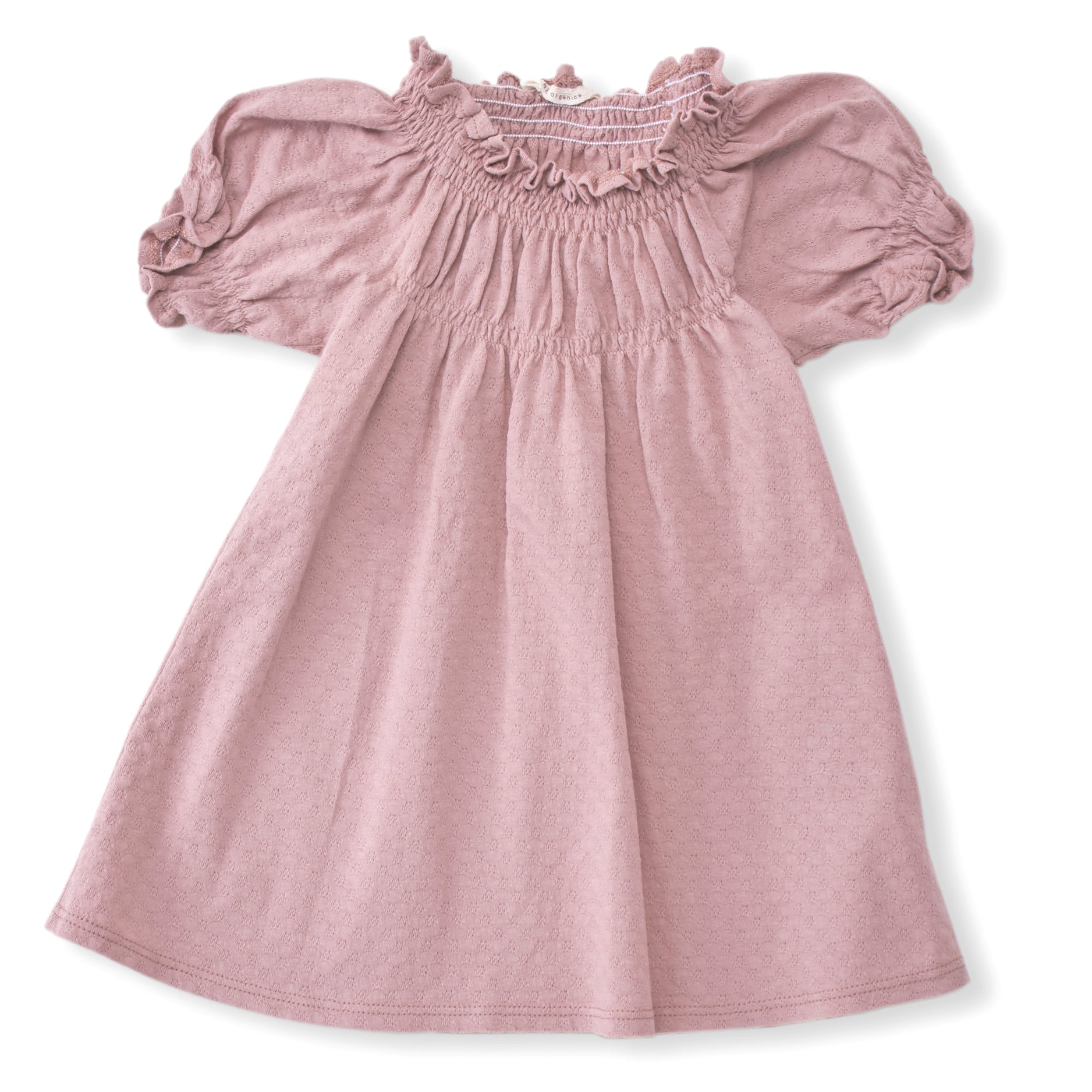 rose color pointelle short sleeved dress with soft elastic gathering at neckline and cuffs. 100% organic cotton pointelle knit.