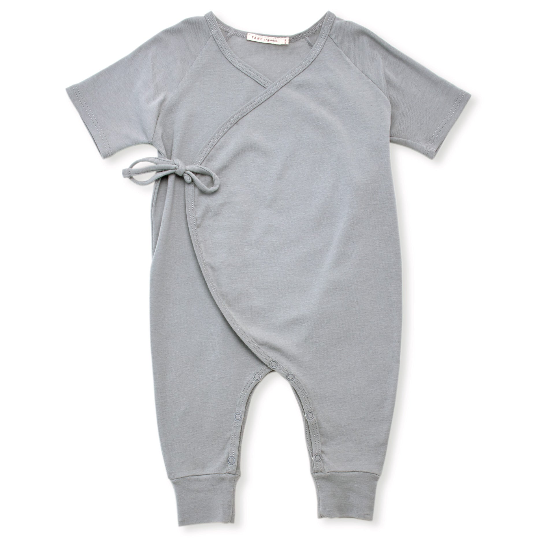 cool grey short sleeved kimono double front ties wrapped coverall..  100% organic pima cotton ribbed knit.