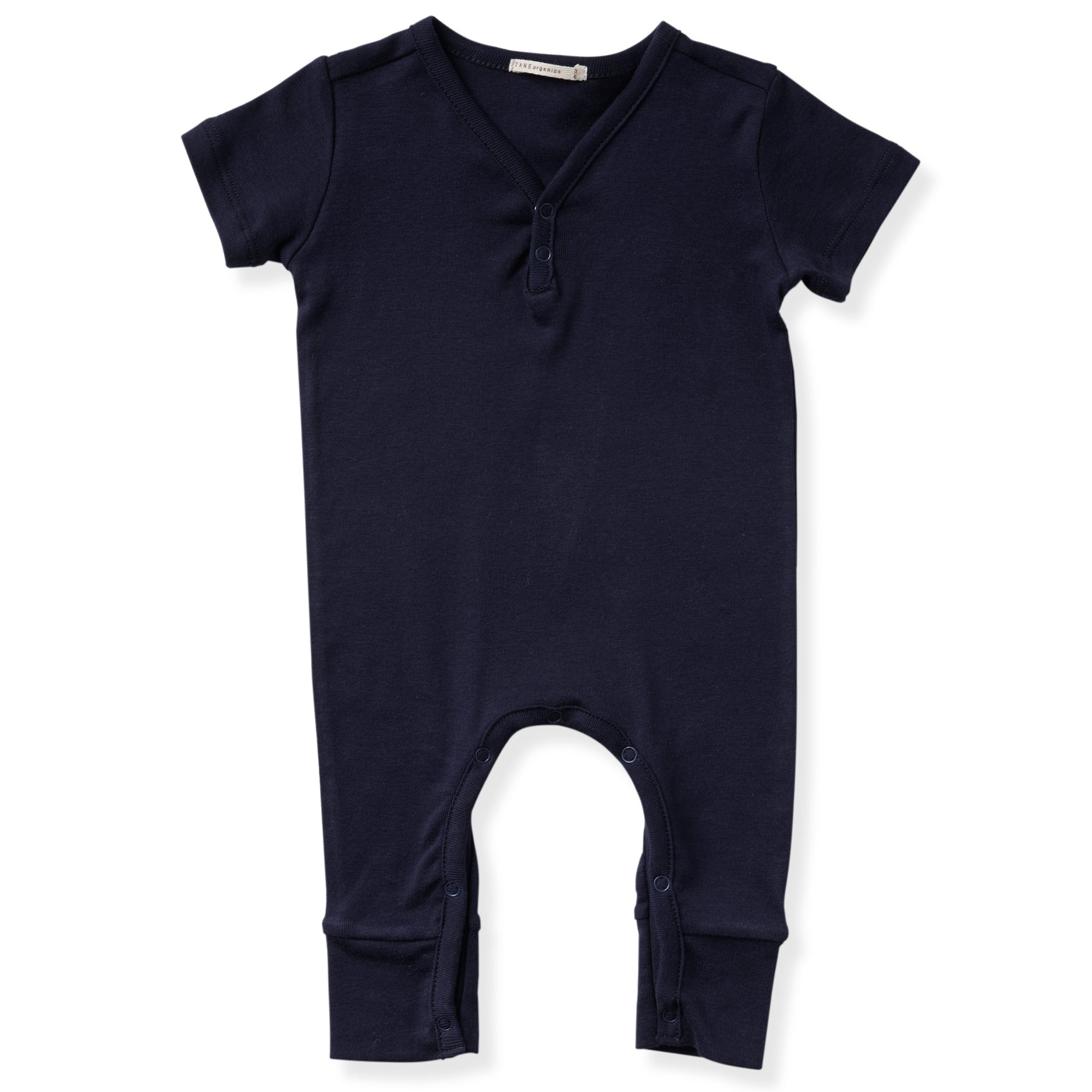 navy short sleeved v-neck coverall with 2 buttons and elongated legs.  100% organic pima cotton ribbed knit.