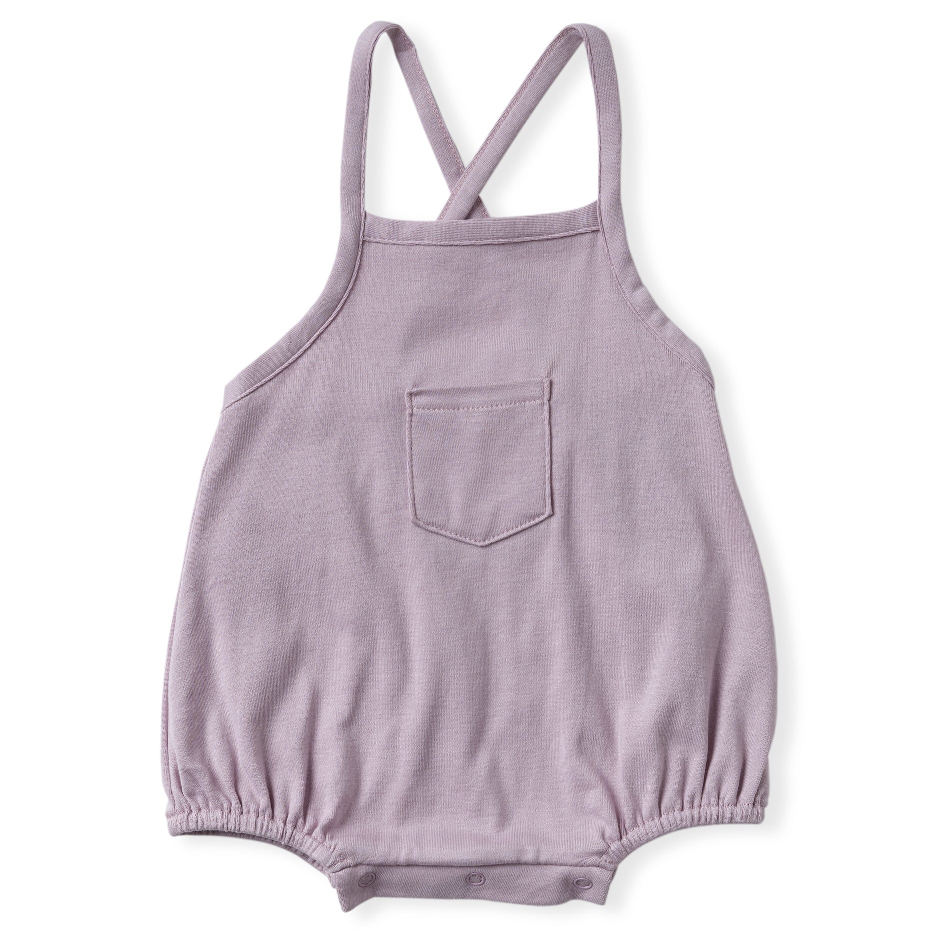 lavender color cross back tank romper with one front pocket and soft encased elastics at leg opening.  100% organic pima cotton ribbed knit.